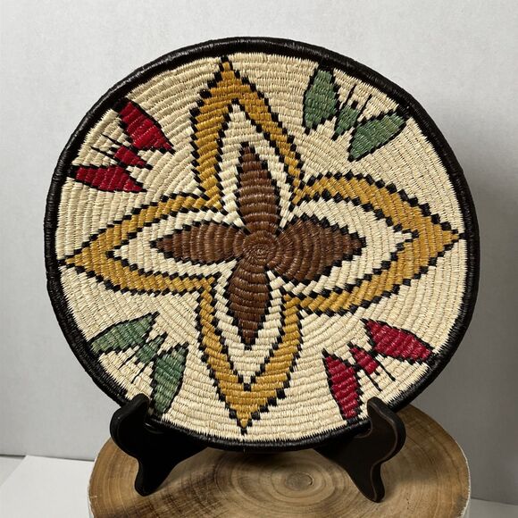 Hand Woven Tray Coil Basket Flower Butterfly 11.75” Wounaan Tribe 1975-Present - Picture 1 of 7